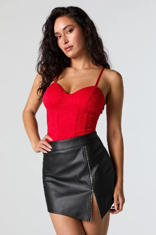 Faux Leather Side Zip Mini Skort lace skirt elegant