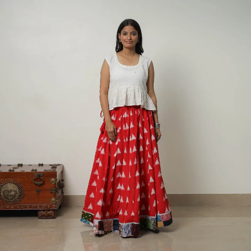 Red - 24 Kali Cotton Pochampally Ikat Skirt with Border 23 summer skirt style