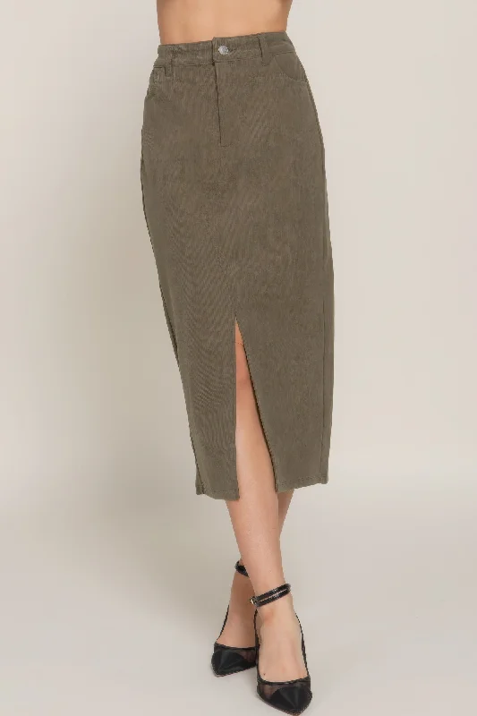 Front Open Slit Corduroy Midi Skirt corduroy skirt textured