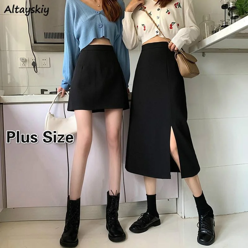 Black Skirts Women Mid-calf College A-line High Waist Korean Style Plus Size Streetwear Chic Female Bottom denim skirt fashionable