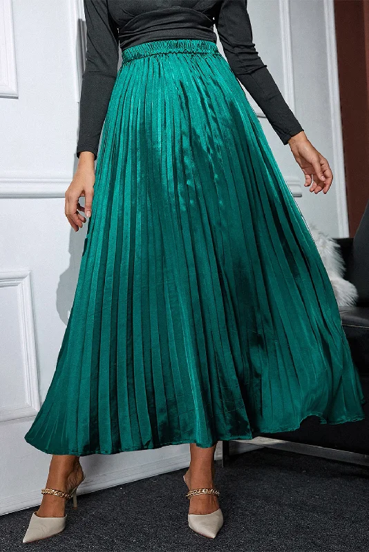 Blackish Green Satin Elastic Waist Pleated Maxi Skirt button skirt front