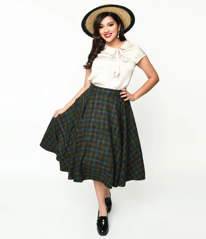 Blue & Green Check Plaid Swing Skirt relaxed fit skirt
