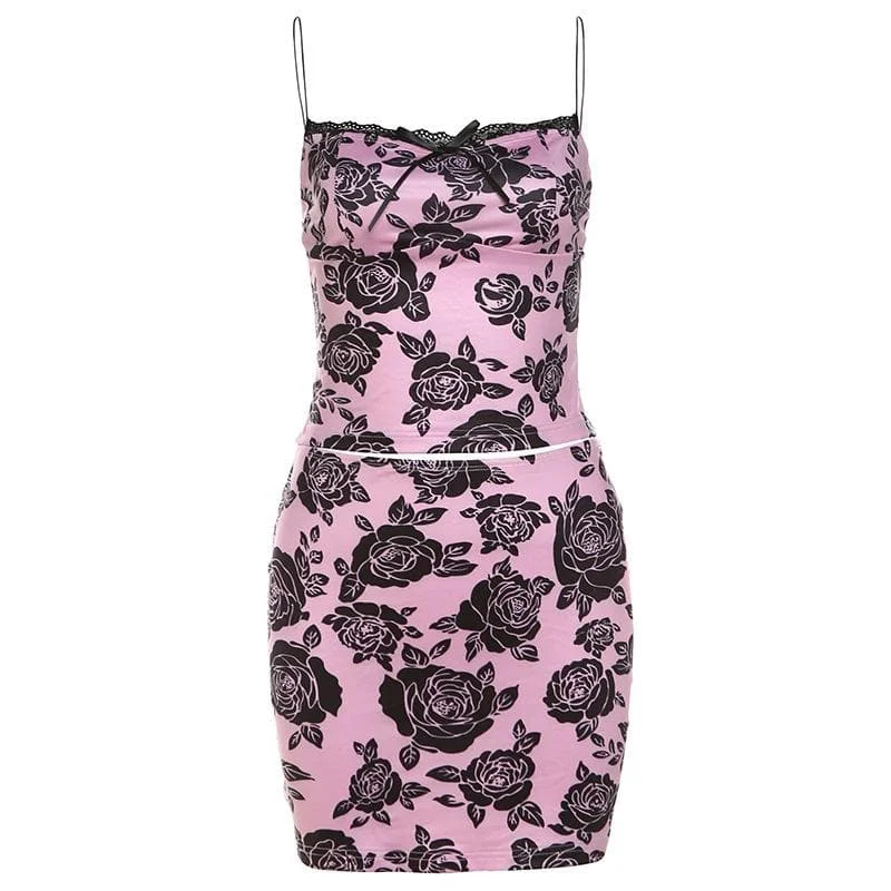 Bowknot rose print lace hem mini skirt set belted skirt waist