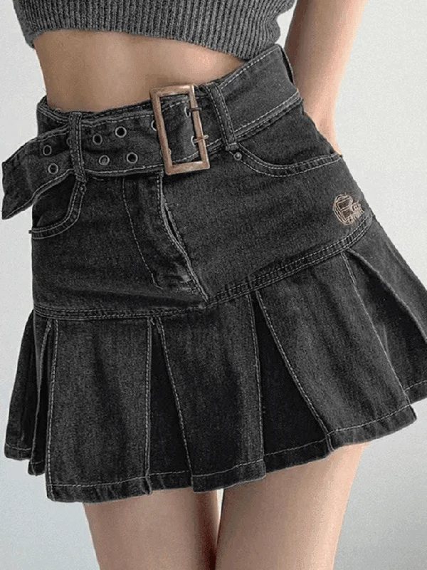 Buckle Belt Pleated Denim Mini Skirt high slit skirt