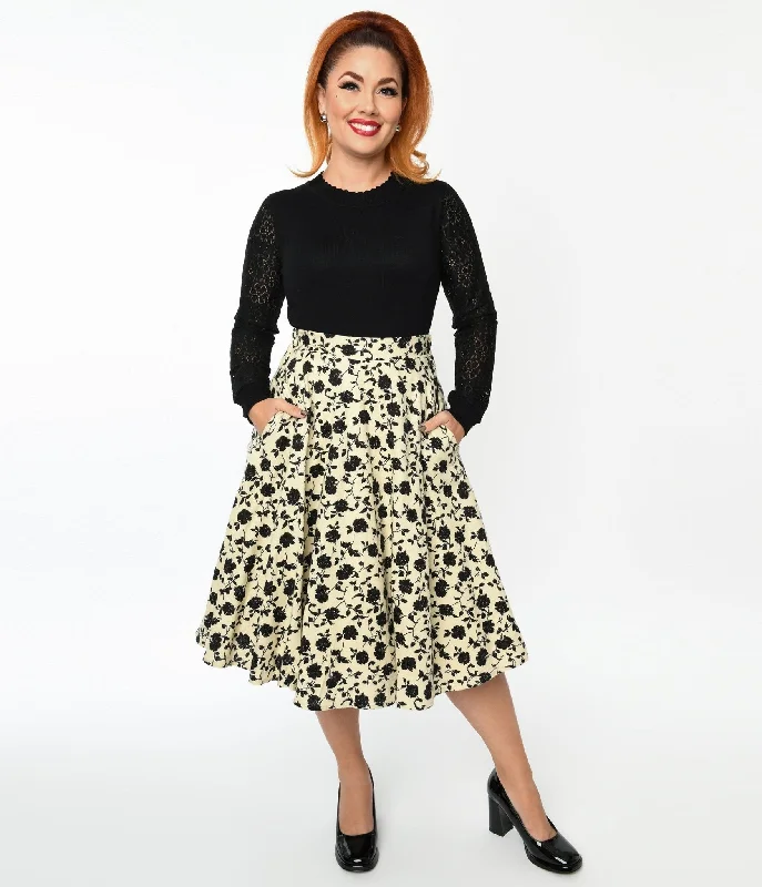 Cream & Black Floral Swing Skirt denim skirt classic