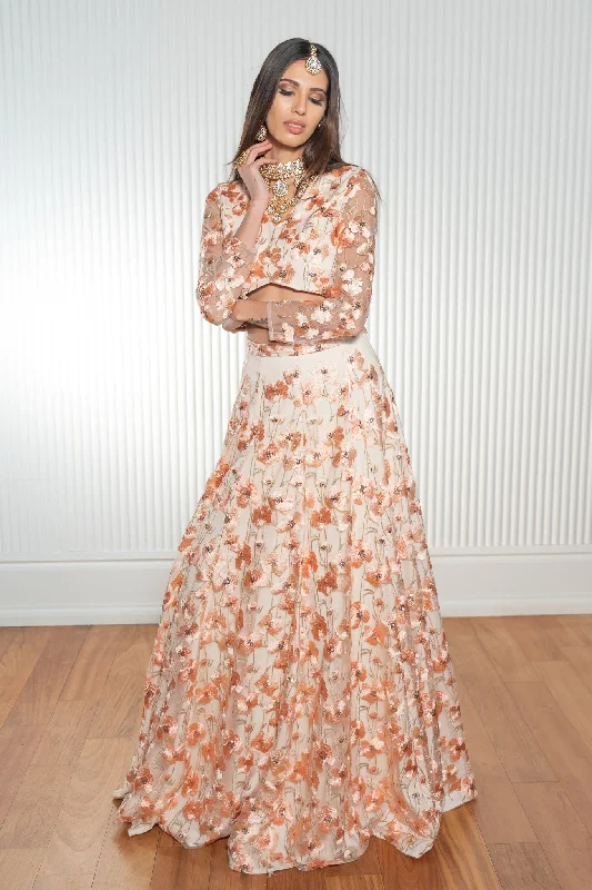 DANIYA Peach Floral Lace Lehenga Skirt pleated skirt texture