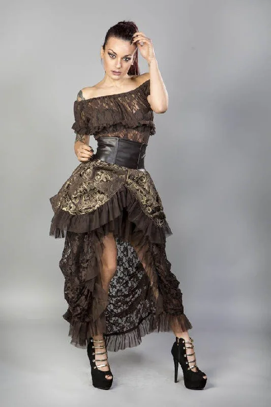 Elvira Long Gothic Victorian Skirt In Brown Gold Scroll And Coffee Matte a-line skirt cut