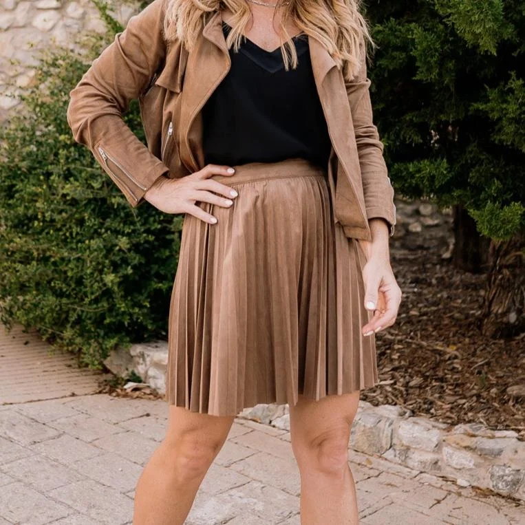 Hey Babe Camel Faux Suede Pleated Skirt belted skirt waist