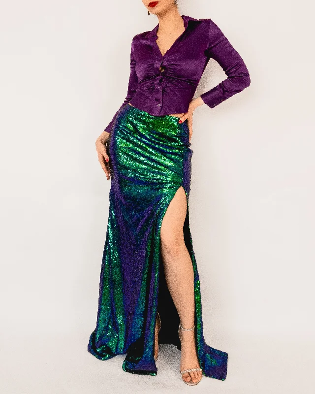 Iridescent Sequin Maxi Skirt with Slit Purple-Green leather skirt sleek