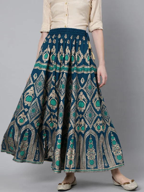 Jaipur Kurti Women Turquoise Blue & Gold-Coloured Printed Maxi-Length Skirt lace skirt intricate