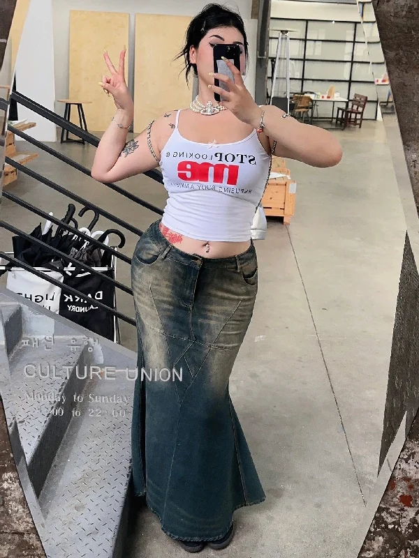Kory Plus Size Denim Blue Washed High Waist Fishtail Long Skirt chiffon skirt airy