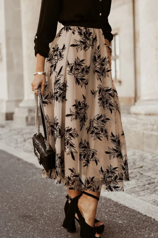 Leaf Elastic Waist Midi Skirt leather skirt modern