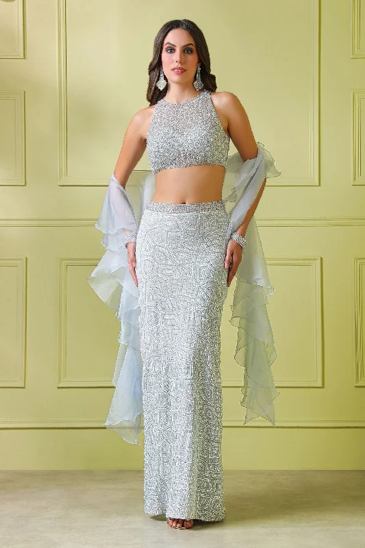 Light grey hand embroidered top with embroidered fishcut skirt silk skirt smooth