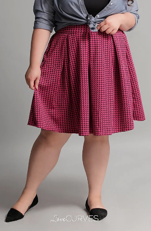 Pleated Skirt with Side Pockets and Belt - Pink Houndstooth - GRA wool skirt sturdy