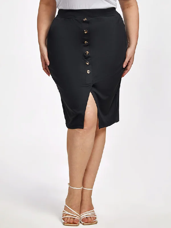 Plus Black Button Front Slit Pocket Elastic Waist Skirt lace skirt delicate