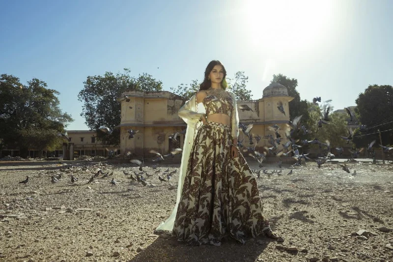 Punit Balana green and purple printed bralette with skirt and cape velvet skirt luxury