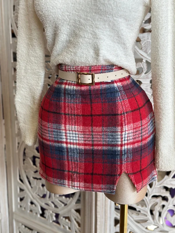 Red Plaid Slit Mini Skirt- No Estira, Not Stretchy silk skirt smooth