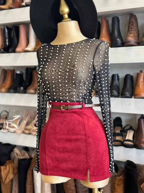 Red Suede Mini Skirt with Belt linen skirt relaxed