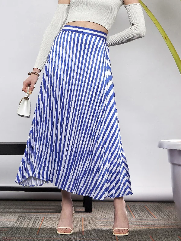 Women Blue & White Satin Striped Accordion Pleated Maxi Skirt silk skirt luxurious