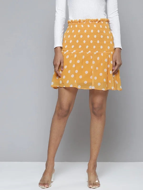 Women Mustard Polka Dot Smocked Waist Mini Skirt velvet skirt sumptuous
