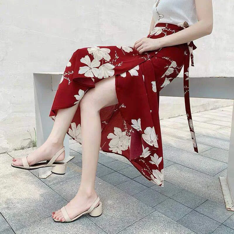 Spring and Summer Half-length Skirts Women's Wrap Skirts Cool Floral One-piece Split Sunscreen Beach Skirt Thin Mid-length A-line Skirt Floral Skirt chiffon skirt airy
