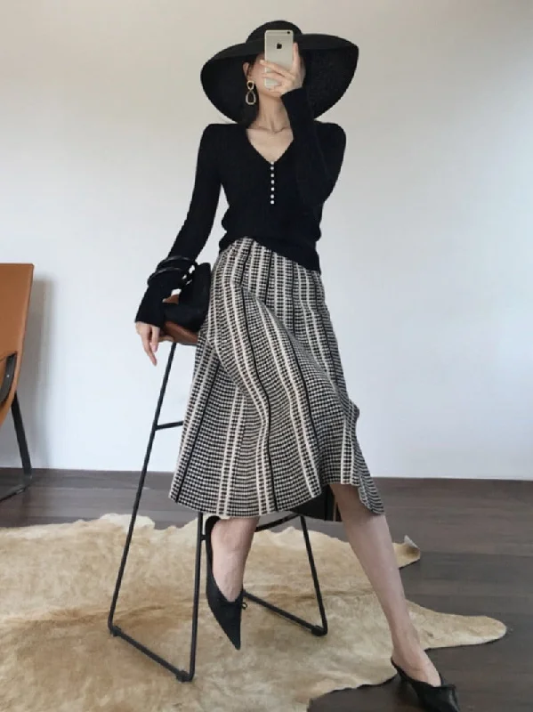 Wool Striped Plaid High Waist Skirt low waist skirt