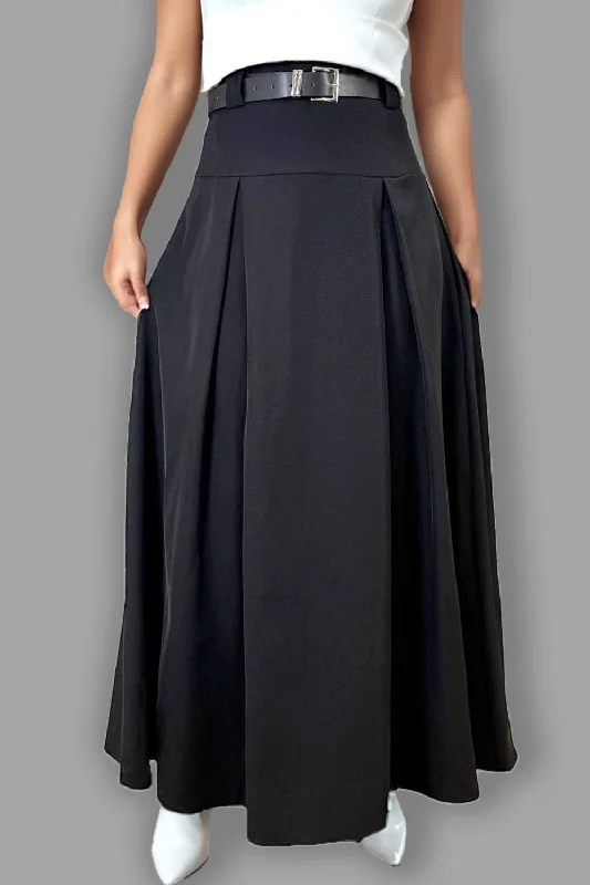 T2569 BLACK MAXI PLEATED SKIRT chiffon skirt delicate