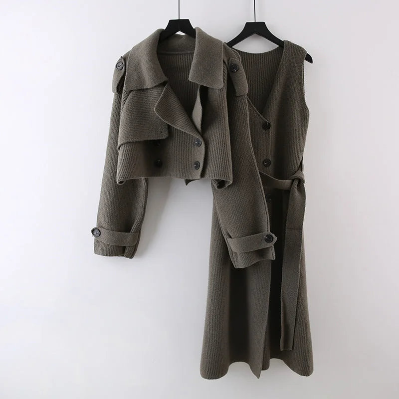 Two Piece Set Short Sweater Cardigan Long Skirt zip skirt side