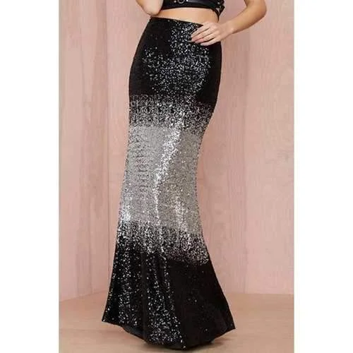 Fashionable Black Silver Splicing Sequins Skirt For Women - Black And Grey S chiffon skirt delicate
