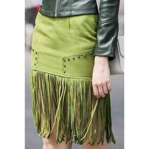Trendy High-Waisted Packet Buttocks Tassel Spliced Women's Green Suede Skirt - Green L ruffled skirt detail