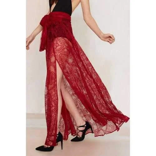 Stylish High Waisted Red Lace See-Through Women's Skirt - Red S cashmere skirt rich