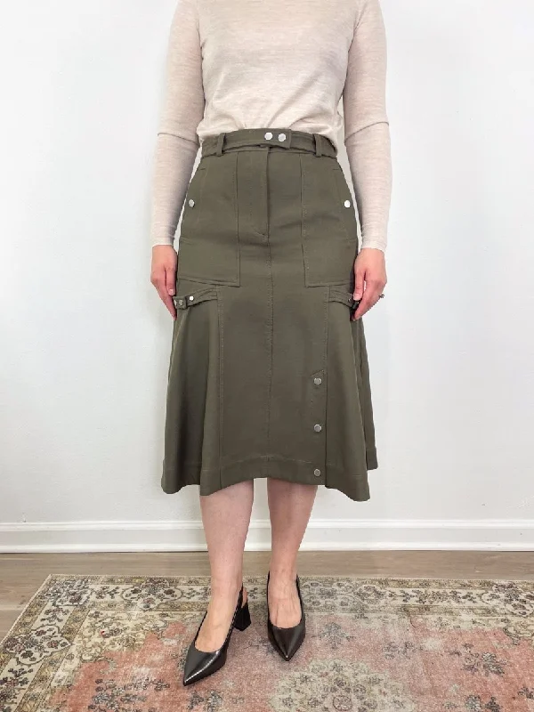 Utility Godet Skirt w/Satin Piping in Army linen skirt natural