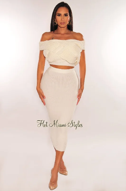 White Cable Knit Off Shoulder Skirt Two Piece Set wool skirt breathable