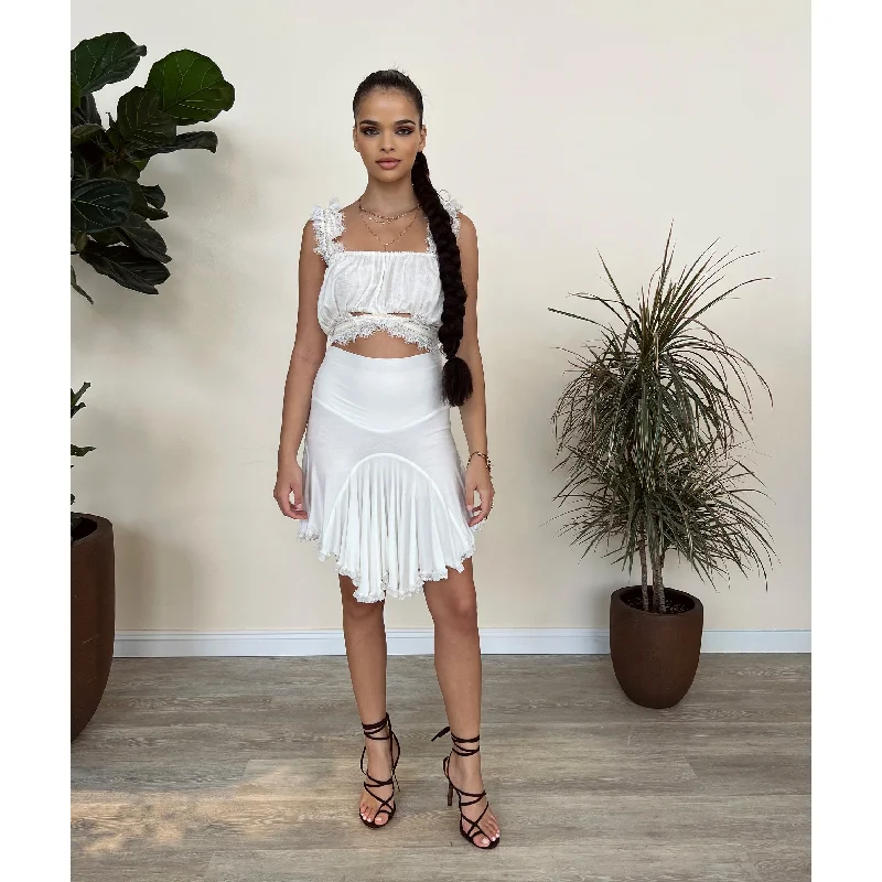 White Modal Jersey Godet Short Skirt with Lace cashmere skirt rich